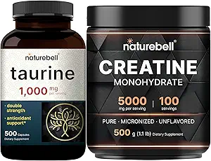 NatureBell Creatine polvere di monoidrato & capsule taurina 1.000mg Per servire Bundle Pack | ad alto assorbimento Creatina micronizzata | Supplemento di aminoacidi essenziali