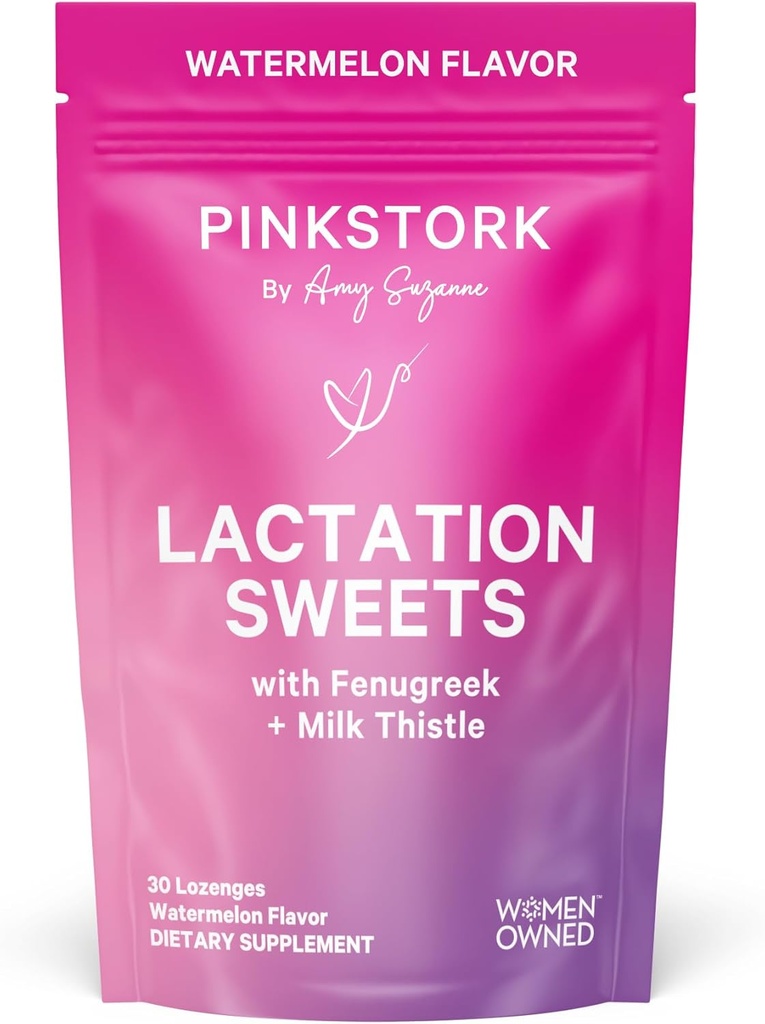 Pink Stork Lactation Sweets Supplement, Breastfeeding Snacks with Fenugreek and Milk Thistle to Support Breast Milk Supply - 30 Watermelon Candy Drops (Packaging May Vary)
