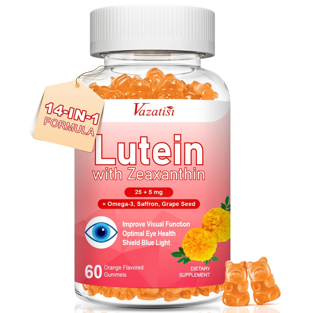 Suppléments de lutéine et de zéaxanthine Gummies, supplément de vitamine des yeux avancé avec Bilberry, Safran, Graines de raisin, Oméga 3 pour la santé maculaire, oeil sec, fonction visuelle - Arôme orange, 60 Comte