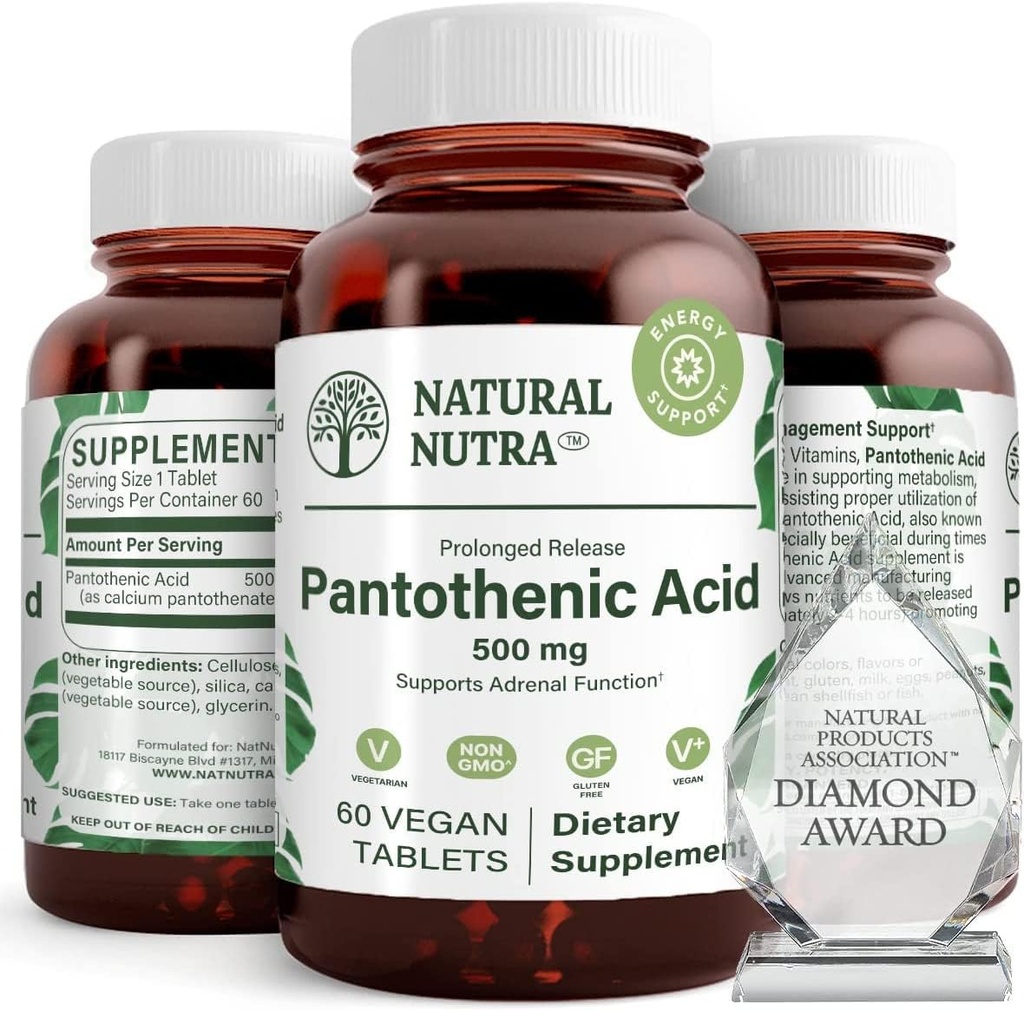 Acide pantothénique naturel 500 mg, supplément vitamine B5 aide à briser les graisses et les glucides, le métabolisme et l'énergie, améliorer la santé musculaire, 60 comprimés végétariens (3 pack)