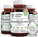 Acide pantothénique naturel 500 mg, supplément vitamine B5 aide à briser les graisses et les glucides, le métabolisme et l'énergie, améliorer la santé musculaire, 60 comprimés végétariens (3 pack)