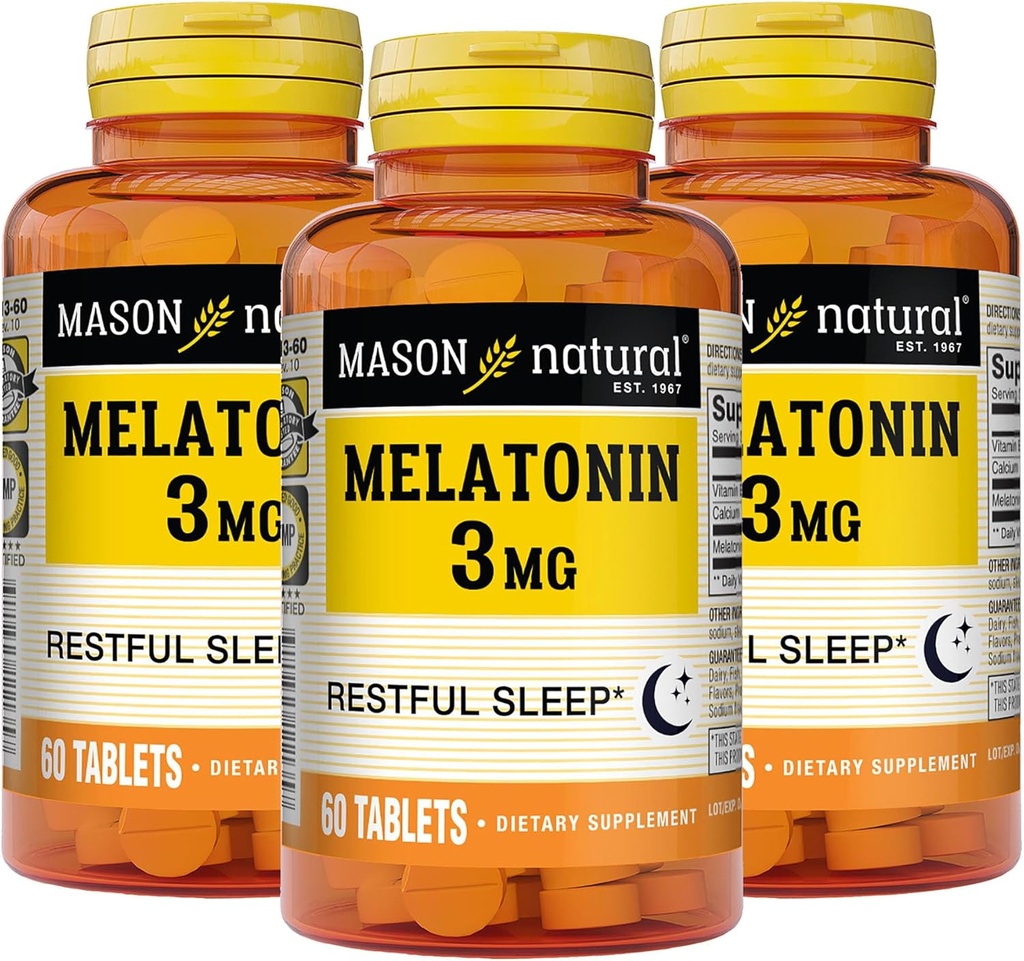 MASON Melatonina NATURAL 3 mg con B6 & Calcium, Natural Sleep Aid, Supporta sonno riposante, 60 compresse (Pack of 3)