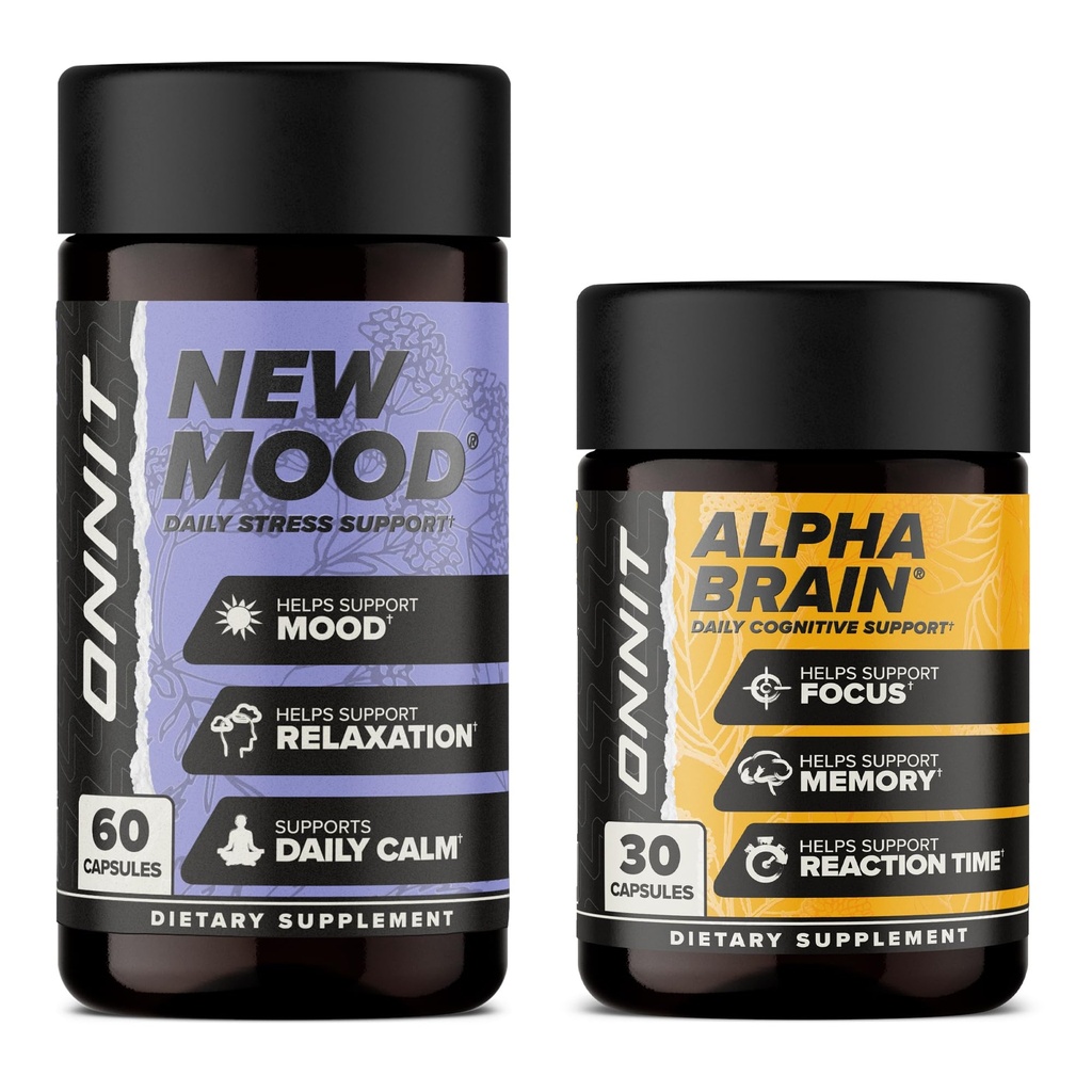 ONNIT Premium Alpha Brain Bundle - Nootropic Brain Supplement (30 Zähler) für Fokus, Konzentration & Speicher + Neue Mood Ergänzung für Stress Relief, Schlaf und Stimmung (60 Zähler)