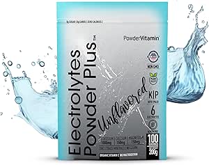 PowerVitamine Poudre d'électrolytes non aromatisés Pas de sucre pour l'énergie quotidienne - Keto Electrolytes - Poudre d'hydratation avec 1000mg de potassium, 120mg de calcium, Magnésium, Pas de Stevia, 100 portions