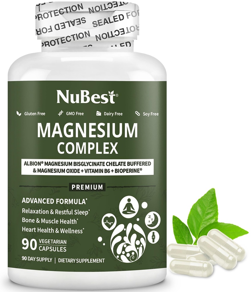 Magnesium Glycinate Chelate Complex mit Albion Magnesium Bisglycinat Chelat, Vitamin B6 & BioPerine für Knochen, Muskel, Natürlicher Schlaf, Nervenfunktion, Gehirn Booster | 1 Monat Versorgung