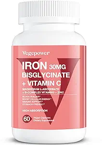 Bisglicinato di ferro, 30 mg di ferro Vegan Supplemento per le donne e gli uomini, Chelato con vitamina C, B12, acido folico - Pillole di ferro per l'anemia, ad alto assorbimento, senza glutine, non OGM - 60 capsule