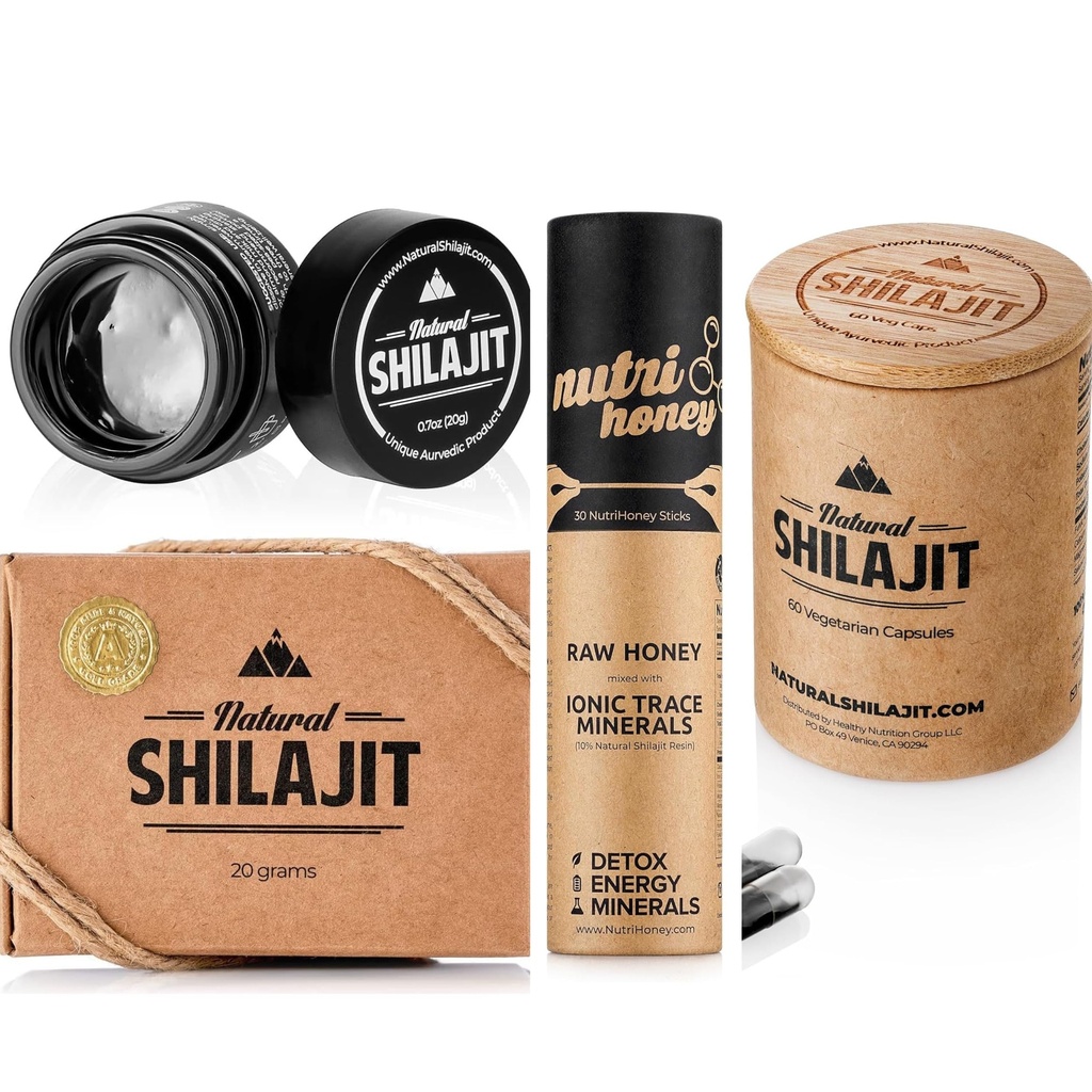 NATURAL SHILAJIT Harz 20G, Shilajit Honig Sticks 30 Graf Kapseln 60 Graf