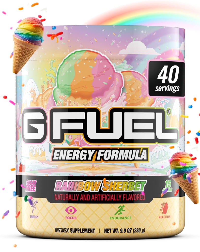 G Combustible Rainbow Sherbet Energy Drink Poudre, Pré-entraînement Caféine Mix pour le jeu, Sucre sans accent Amino, Vitamine + Antioxydants, 9.9oz (Sherbet de Rainbow, 40 portions)