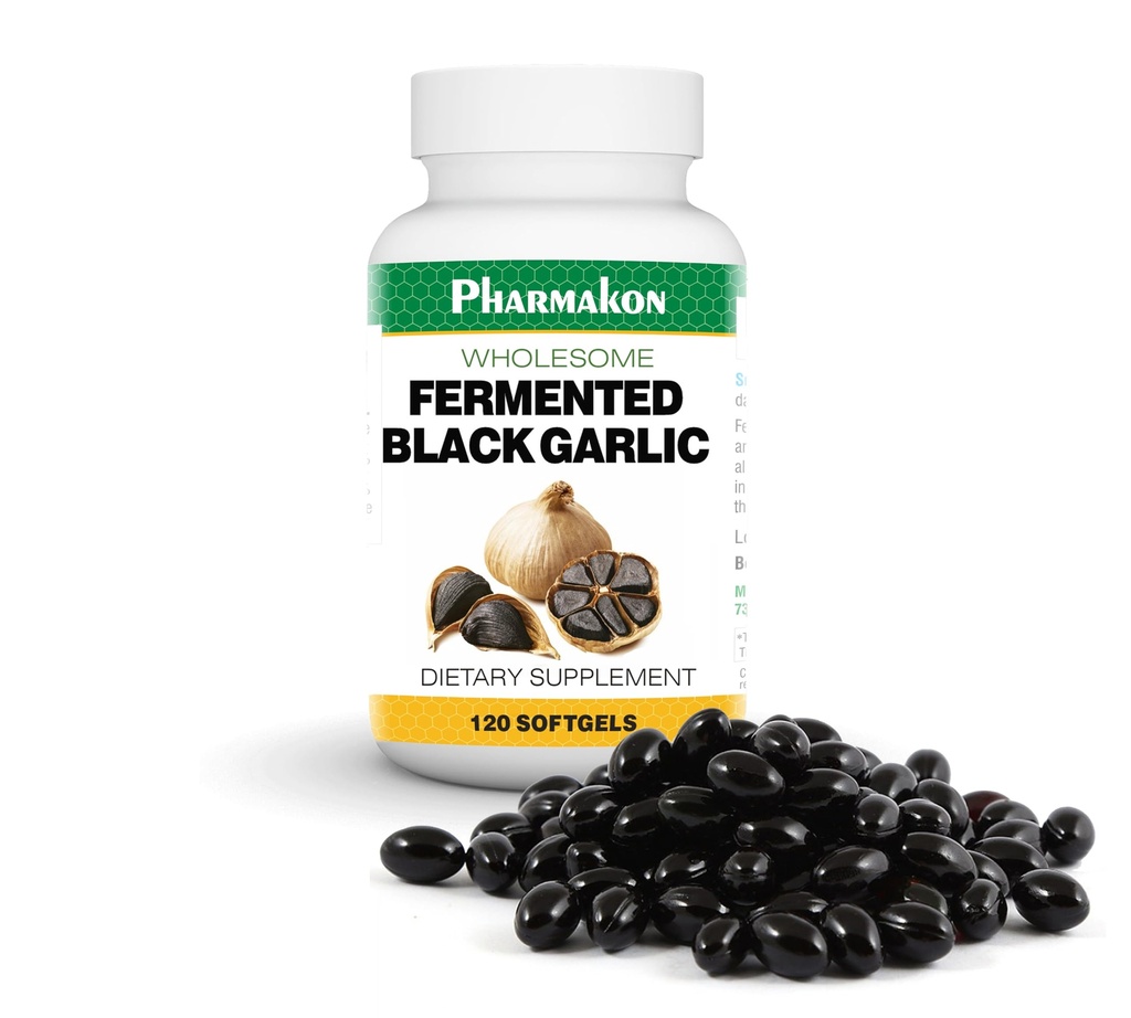 PHARMAKON Organic Aged Black Garlic, Bioverfügbare Soft Capsules, ganzer, reduzierter Geruch (120 Count)