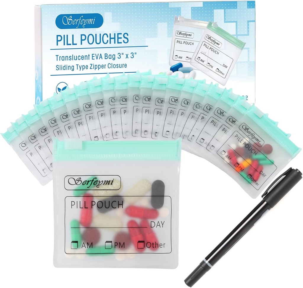 Serfeymi 32 St. Reißverschluss Pillen Pouches Organizer Plastiktüten 3 X 3 Zoll 12 mil Selbstversiegelung mit Slide Lock Schreibbare Label Translucent Travel Medicine Aufbewahrungstasche Case und 1 Stk Marker-Green