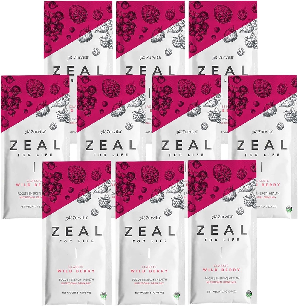 Zurvita - Zeal for Life Wellness Drink Mix - Wild Berry (Klassisch) Flavor - Glutenfrei, Vegan, mit Vitaminen und Mineralien - 10 Einzelpackungen