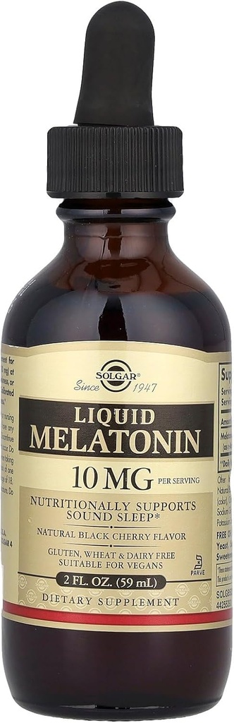 Solgar Liquid Melatonin 10 mg, Natural Black Cherry Flavor - 2 fl oz - Grande per Jet Lag - Vegan, Gluten & Dairy Free, Kosher - 59 Servings