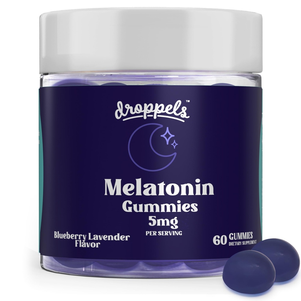Droppels Melatonin Gummies, 5mg – Pflanzenbasiert, Vegan Melatonin 5mg für natürliche Schlafunterstützung mit Kamilleextrakt, 60 Zähler, Blaubeeren Geschmack (1-Monat-Versorgung)