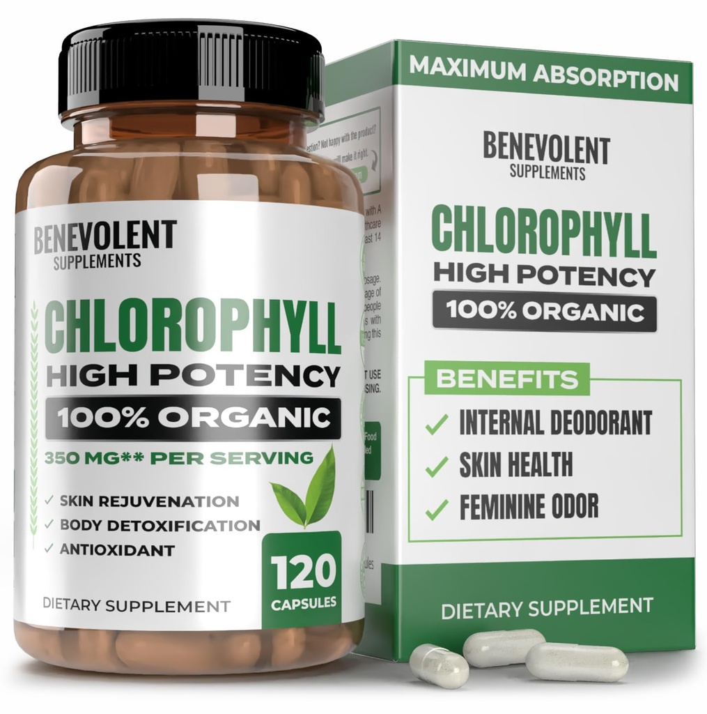 Benevolente clorofilla capsule 350mg - 100% naturale + Ultra clorofilla 20x Concentrazione di potenza per il miglioramento dell'energia, Supporto immunitario, Deodorante interno, Salute della pelle, Non-OGM, 120 capsule