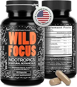 Wild Focus Cerveau Suppléments Sans caféine, Botaniques à base végétale.