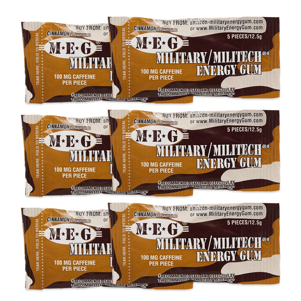 MEG - Military Energy Gum | 100mg Koffein pro Stück + Energie erhöhen + körperliche Leistung steigern + Cinnamon 6 Pack (30 Zähler)