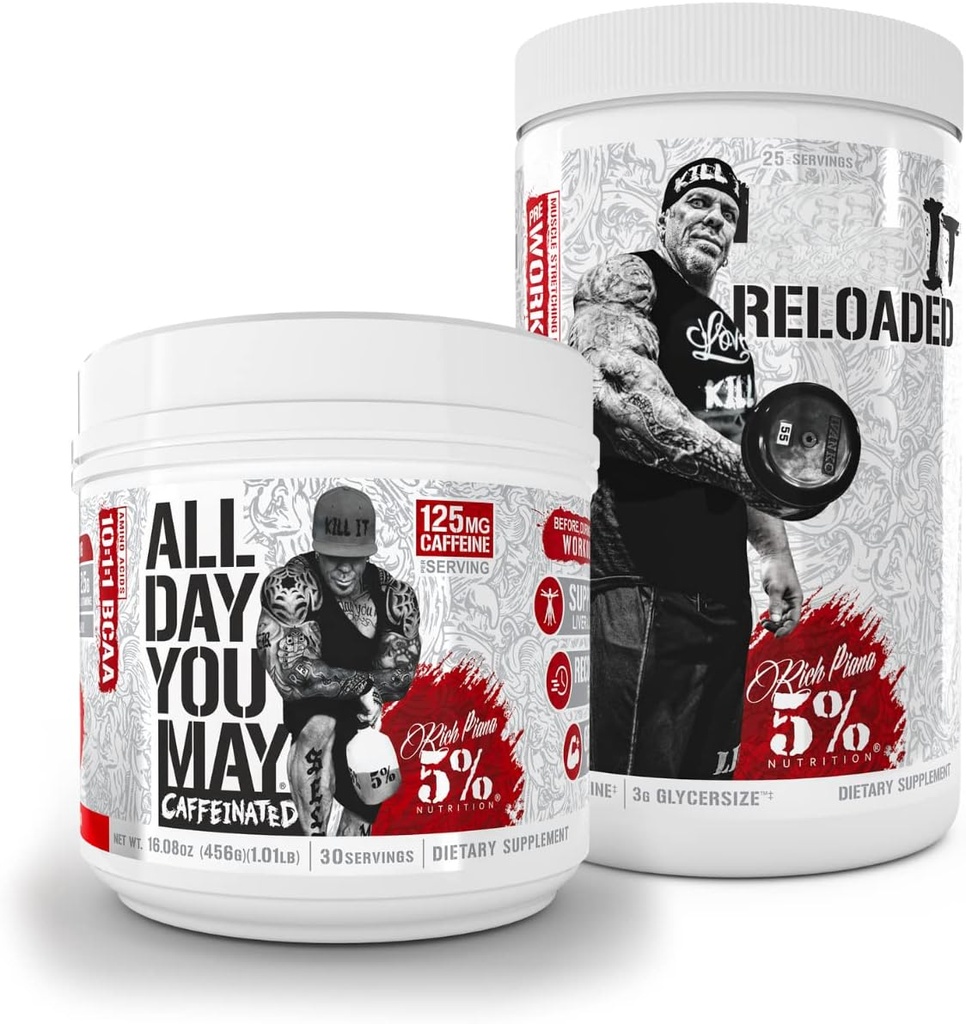 5% Ernährung Rich Piana Bundle | AllDayYouMay Caffeinated BCAA Powder + Kill It Reloaded High-Stim Pre-Workout (Fruit Punch)