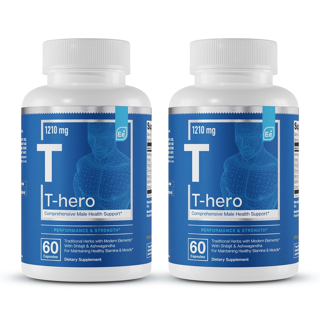 Essential Elements T-Hero - Tägliche Testosteron-Unterstützung für Männer - Fördert Vitalität & Drive - mit Ashwagandha, Shilajit, Boron, DIM - 60 Count - 30 Portionen (2-Pack)