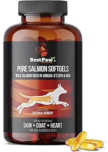 Meilleure nutrition de la patte Huile de saumon sauvage pure d'Alaska pour chiens et chats Allergie, peau démangeaison sèche, points chauds et soulagement de la douleur articulaire 1000mg Softgels
