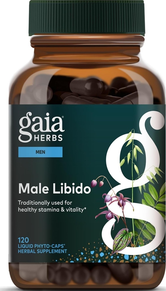 Gaia Herbs Male Libido - Supplément à base de plantes avec Saw Palmetto, Horny Goat Weed, Maca & Avoine - Soutient l'endurance, la vitalité et l'équilibre hormonal pour les hommes - 120 Vegan liquide Phyto-Capsules (30 jours d'approvisionnement)