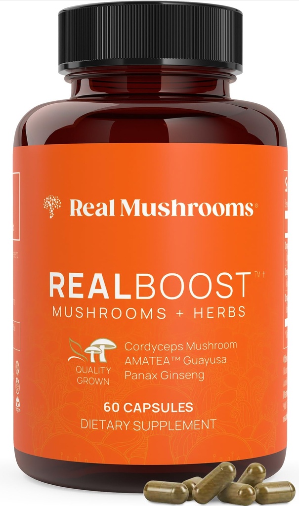 Real Mushrooms RealBoost Capsules – Cordyceps Mushroom, Panax Ginseng & Guayusa Extract – pour le bien-être global et le soutien énergétique – végétalien, non-OGM, sans remplissage – 60 Comte Mushroom Complement Blend