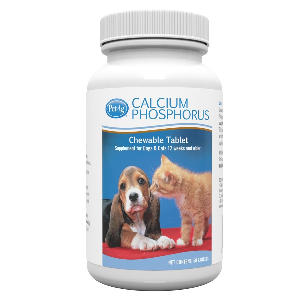 PetAg Calcium Phosphor Tabletten - 50 Tabletten - Tägliche Verwendung, Chewable Supplement für Hunde & Katzen 12 Wochen und älter - Fortified with Vitamin D