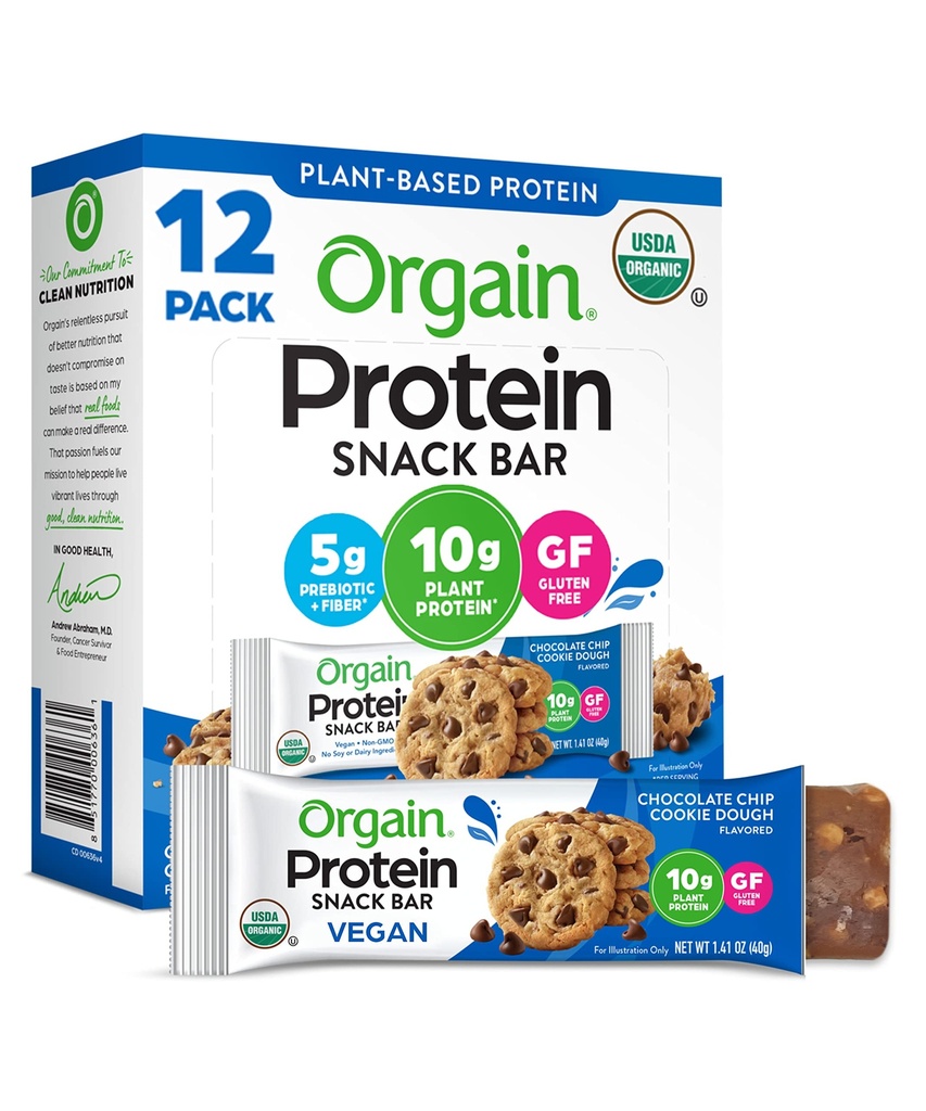 Orgain Organic Vegan Protein Bars, Chocolate Chip Cookie Dough - 10g Plant Based Protein, Basso Calorie Spuntini sani, Nessun Lattosio o Soia Ingredienti, Gluten Free, Non-GMO - 1.41 Oz (Pack of 12)
