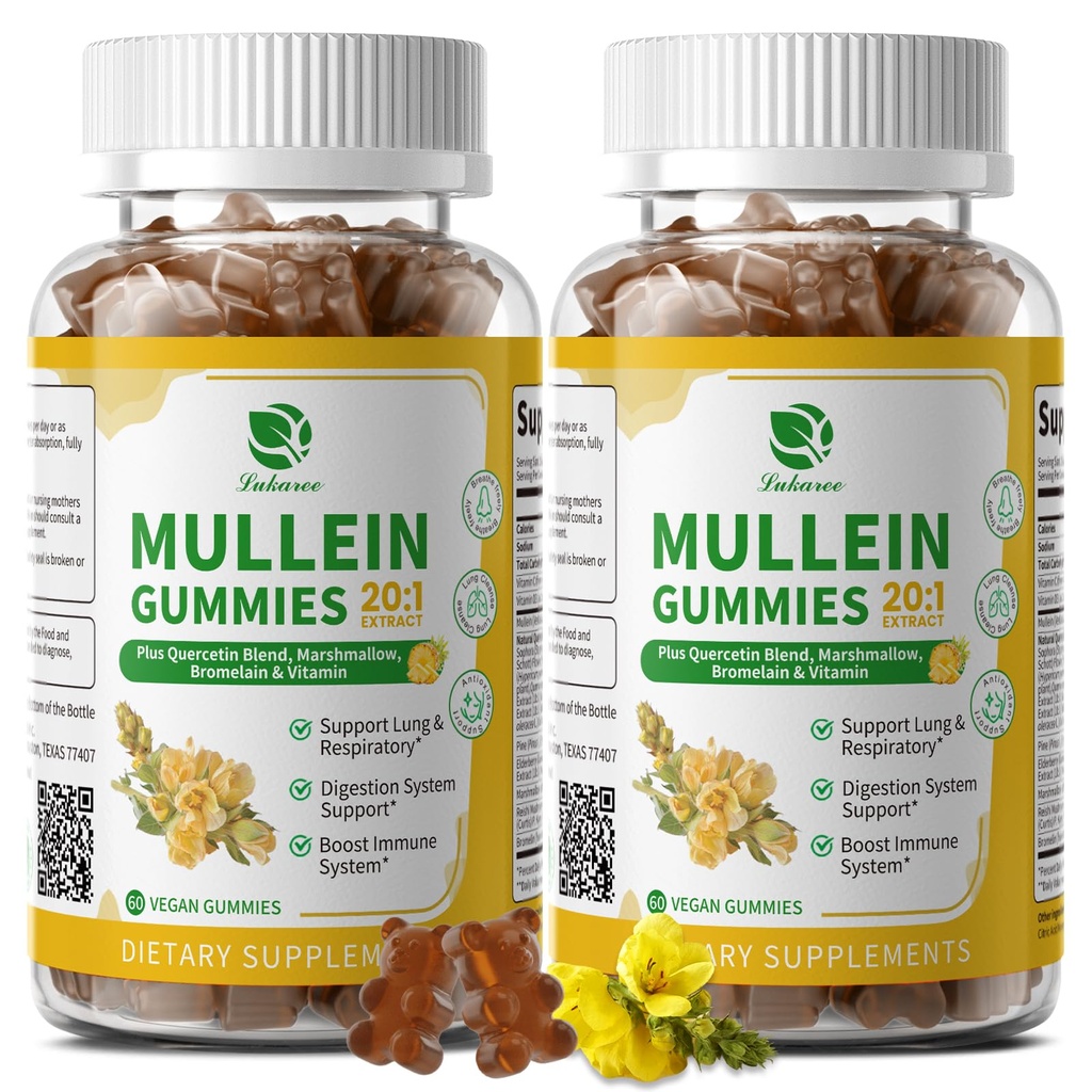 (2 Pack) 9 en 1 Gummies Mullein pour nettoyage pulmonaire et désintoxication, extrait de feuille Mullein de force supplémentaire avec/Quercetin, Bromelain, Elderberry & Marshmallow pour respiratoire, immunitaire et digestif, végétalien, 120 Compte