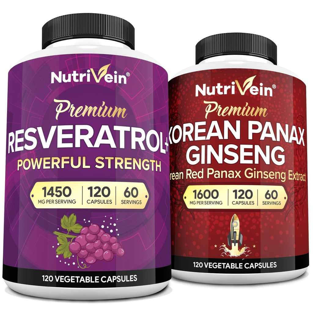 Nutrivein Premium Korean Panax Ginseng Ergänzung & Resveratrol Ergänzung Bundle: High-Absorption Resveratrol Kapseln & Ginseng für Gehirn, Verteidigung, Reparatur, & Vitalität