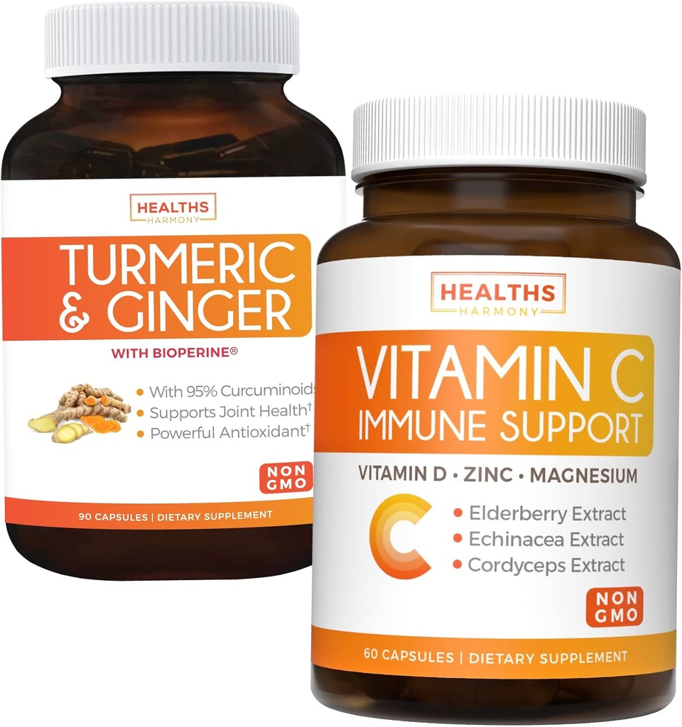 Bundle di vitamina C Supporto immunitario e curcumina curcuma erborea - Supporto giornaliero: Immune + Salute comune - Supporto immunitario - Vitamina C con zinco (non OGM) & curcumina currica - Estratto di pepe nero (non OGM)