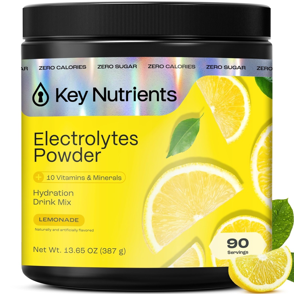 NUTRIENTS CLÉS Électrolytes Multivitamine Poudre Pas de sucre - Lémonade rafraîchissant Poudre d'électrolyte - Supplément sodium et énergie - Poudre d'hydratation - Pas de calories - 90 portions - Fabriqué aux États-Unis
