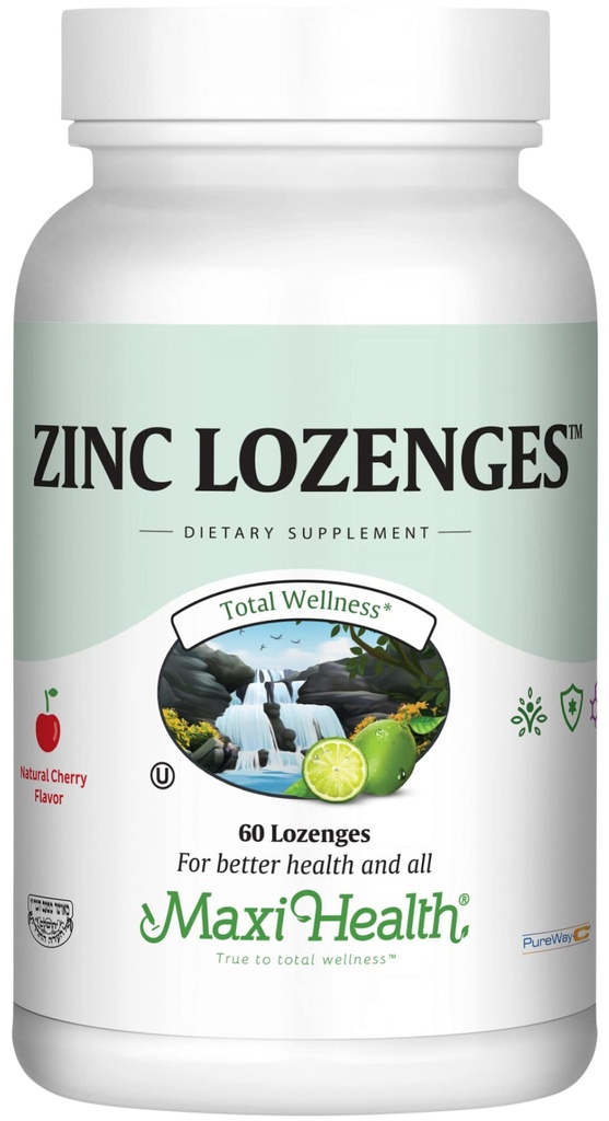 Maxi-Health Zinc Lozenges - Citrate de zinc 10mg - avec vitamine C - Saveur de cerise - 60 Chewables - Kosher