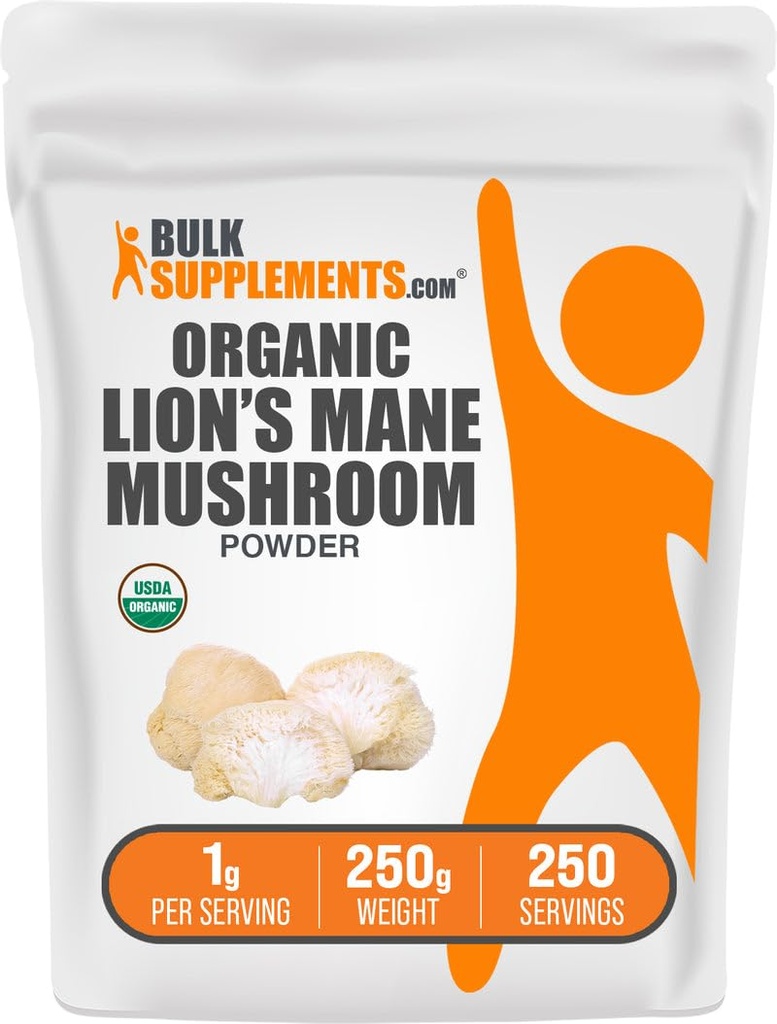 BulkSupplements.com Poudre de champignons bio Lions Mane - Poudre de champignons Lions, Supplément de champignons - Vegan & sans gluten, 1g par portion, 250g (8.8 oz) (paquet de 1)