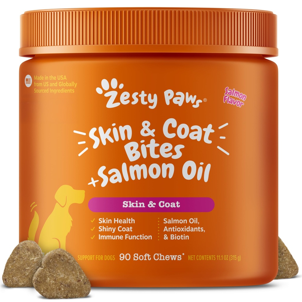 Zesty Paws Lachsöl für Hunde Haut und Mantel, Omega 3 Fish Oil Chews, Hunde Allergy Relief Chews, Itch Relief Supplement, 90 Count, Lachs Flavor
