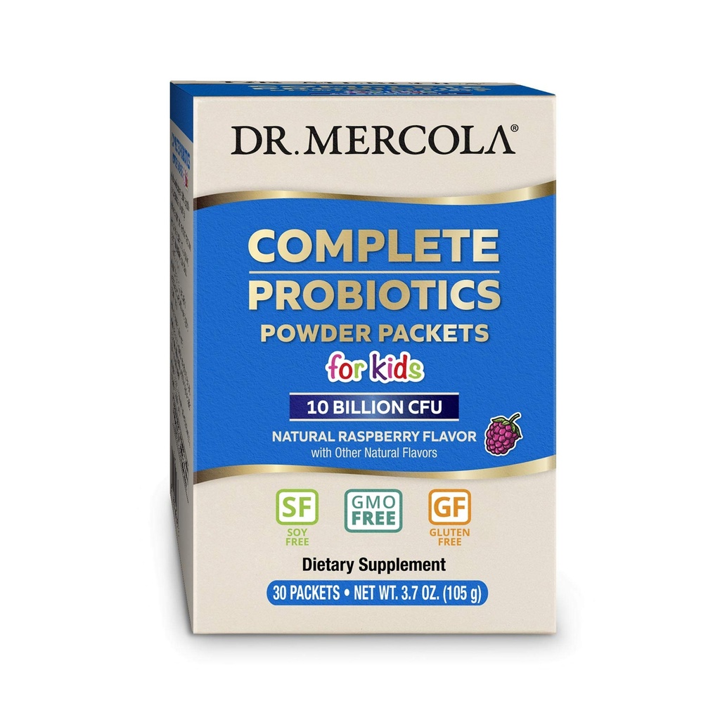 Dr Mercola Complete Probiotiques Powder Packets for Kids - Soutiens Digestion et santé immunitaire - 10 souches - avec prébiotiques - Non-OGM, sans gluten et sans soja - 30 paquets