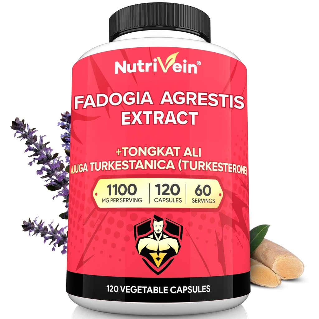 Nutrivein Premium Fadogia Agrestis et Tongkat Ali Supplément avec Turkestérone - 1100 mg - 120 Caps - Mélange synergique pour la performance, la force et la récupération pour les hommes et les femmes de tous âges