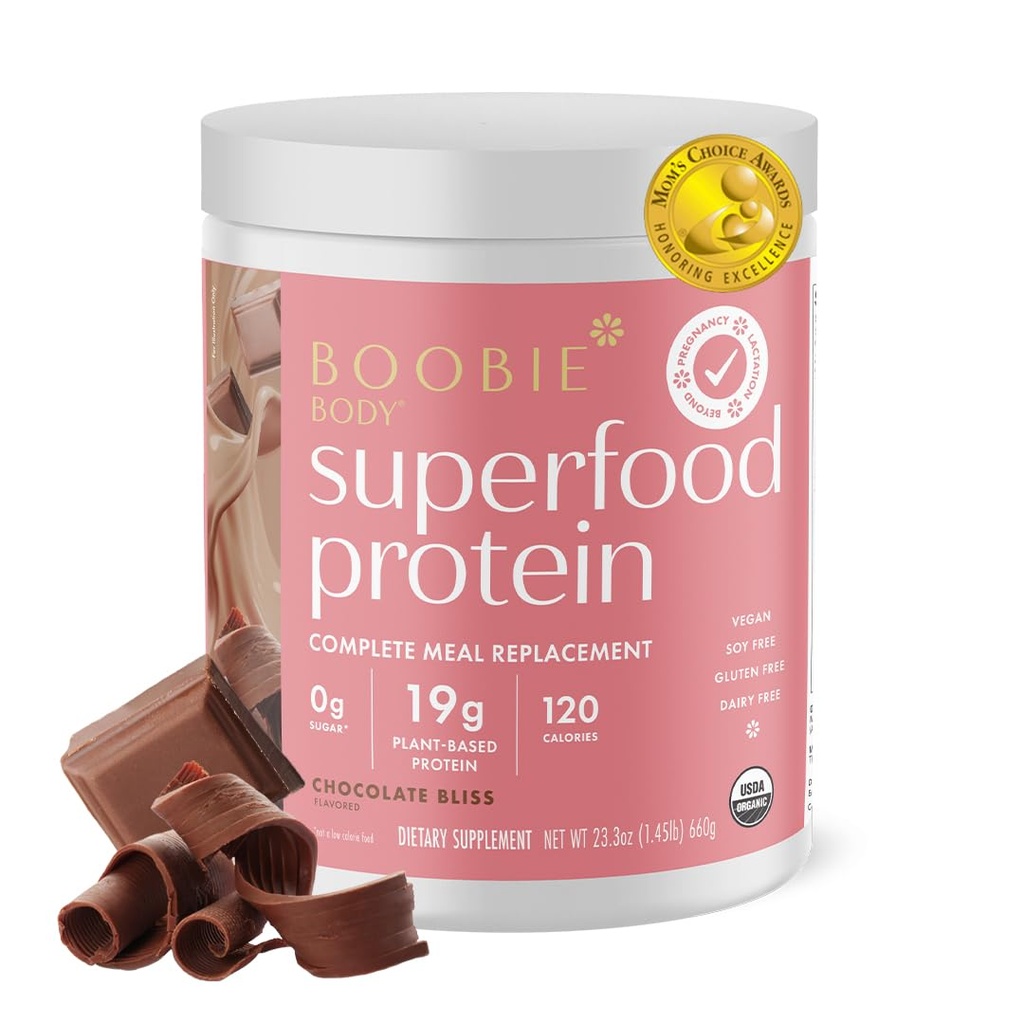 Boobie Body Superfood Protein Pregnancy e Postpartum Meal Sostituzione Shake, Chocolate Bliss Flavor | 19g Protein | Sicuro per Lattazione & maternità | Organico, Vegan, Zucchero Zero, 1 Tub (20 Serve)