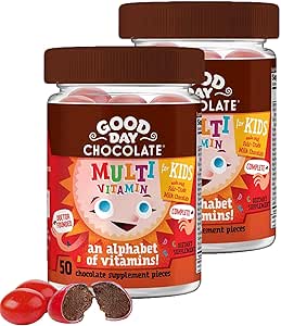 Good Day Chocolate Complete Multivitamin für Kinder, Tägliche Ergänzung der Vitamine A, B6, B12, C, D, E, Folate und Biotin, Fair Trade und Non-GMO Chocolate, 2 Pack