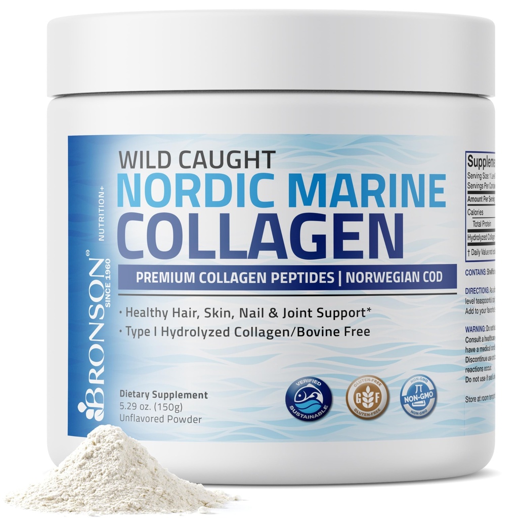 Bronson Marine Collagen Peptides Hydrolysed Protein Powder 100% Wild gefangen Nordic Cod Verifizierte nachhaltige Quelle für Gelenke Hauthaarnägel & Knochen 150g (5,29oz)
