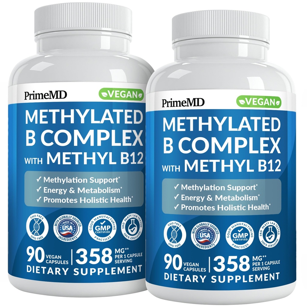 Methylierter B-Komplex mit Methylfolat und B12 Methylcobalamin 1000 mcg - Methyliertes Multivitamin für Energie, Gehirnfunktion und Wellness - Vitamin B-Komplex für Männer und Frauen (180 Servierungen, Packung von 2)