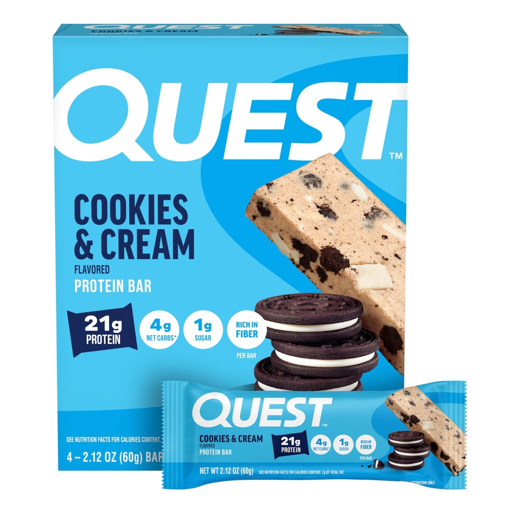 Quest Nutrition Cookies & Cream Protein Bars, 21g Protein, 4g Net Carbs, 1g Zucker, Glutenfrei, Keto Friendly, 4 Count