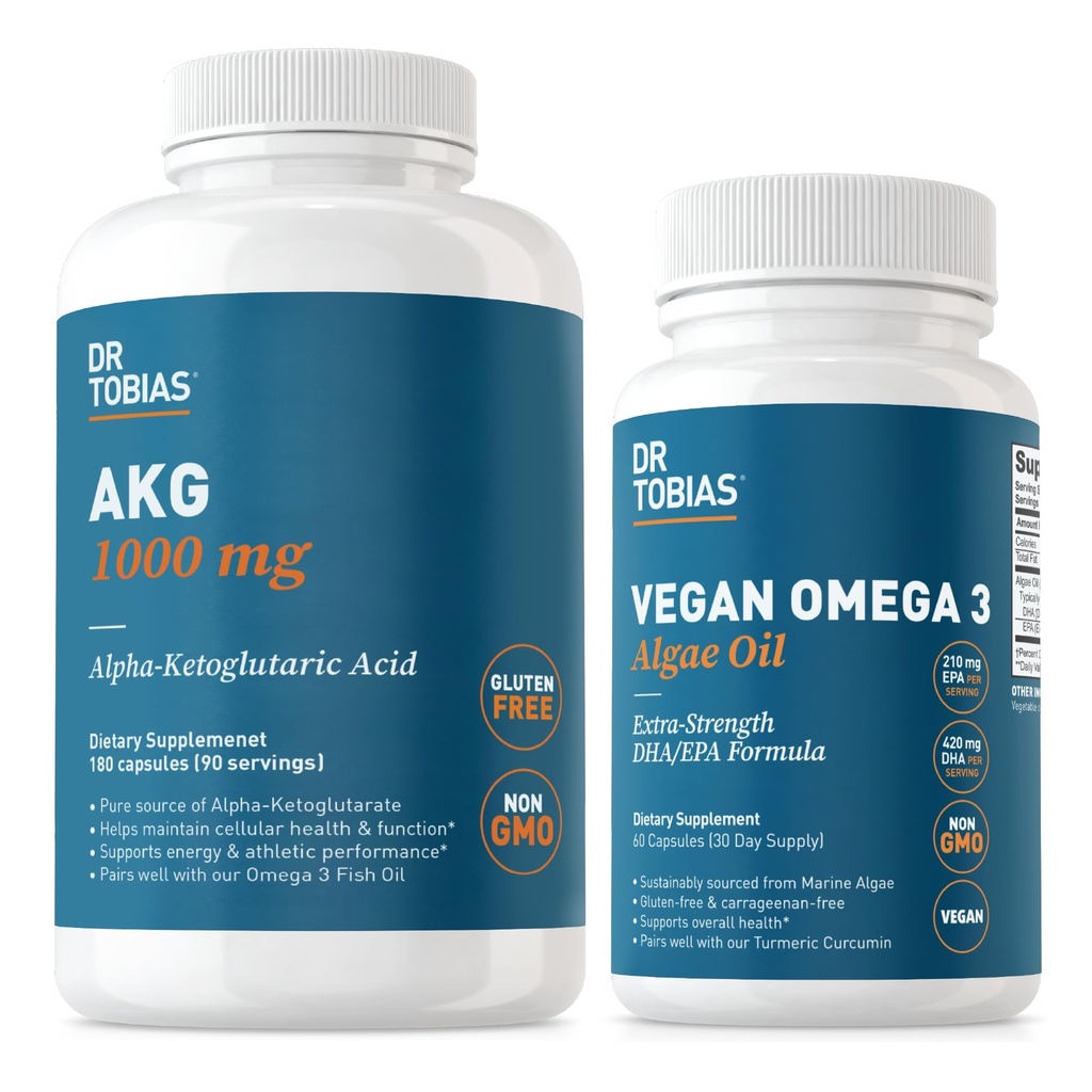 Dr. Tobias AKG Supplement & Vegan Omega 3 Algenöl, Unterstützung Cellular Energy & Gesamtgesundheit mit AKG, EPA & DHA, Vegan, Glutenfrei, Non-GMO