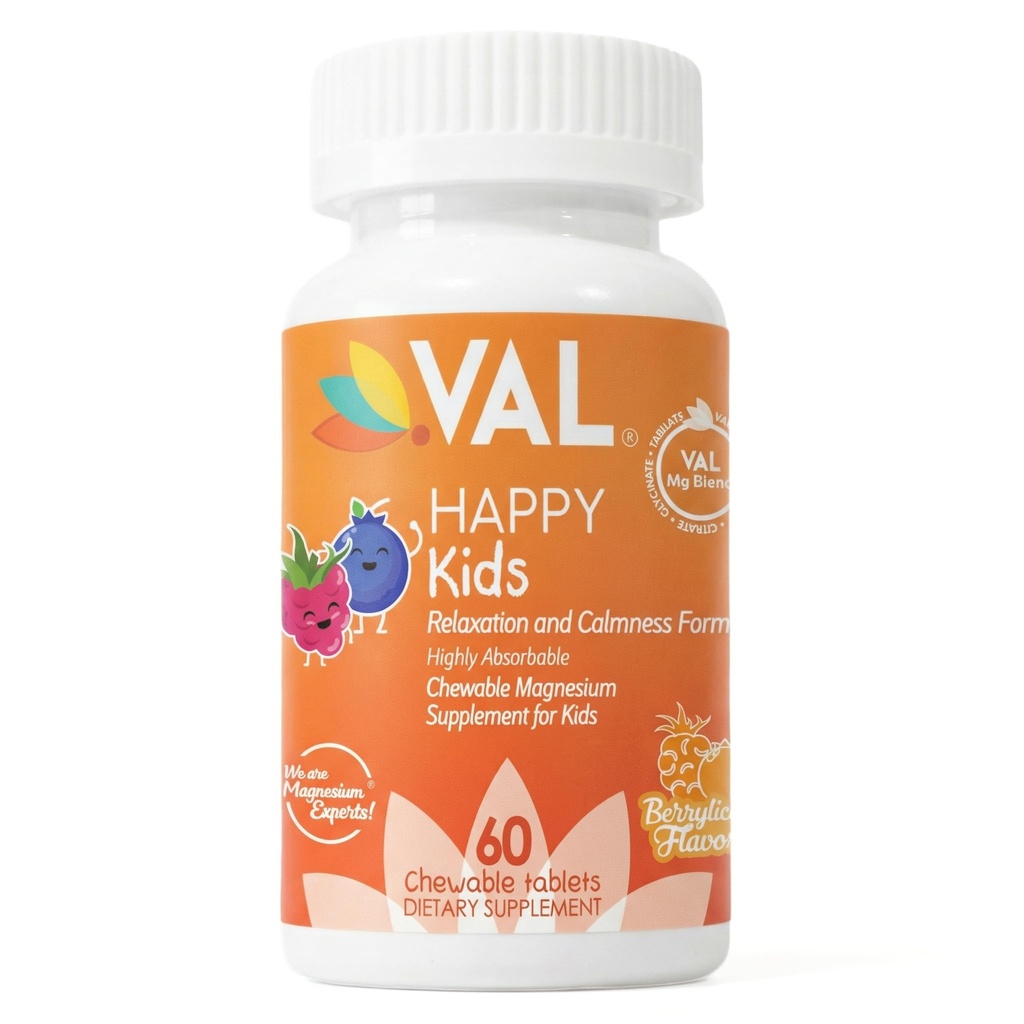 Magnésium VAL pour les enfants de haute absorption Magnésium pour calme, relaxation et focus de Mg Glycinate, Citrate et Taurate de vitamine B6, D & C de D & C de 60 comprimés à croquer