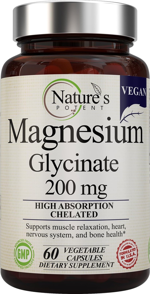 Natur Potent Magnesium Glycinate 200mg | Hohe Absorption Chelat Magnesium | Schlaf, Kalm & Muskel Cramp Unterstützung | Vegan Ergänzung | 60 Kapseln