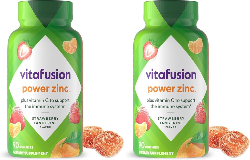 Vitafusion Power Zinc Gummy Vitamines, soutien immunitaire aromatisé Tangerine fraise (1), 90 Nombre (paquet de 2)