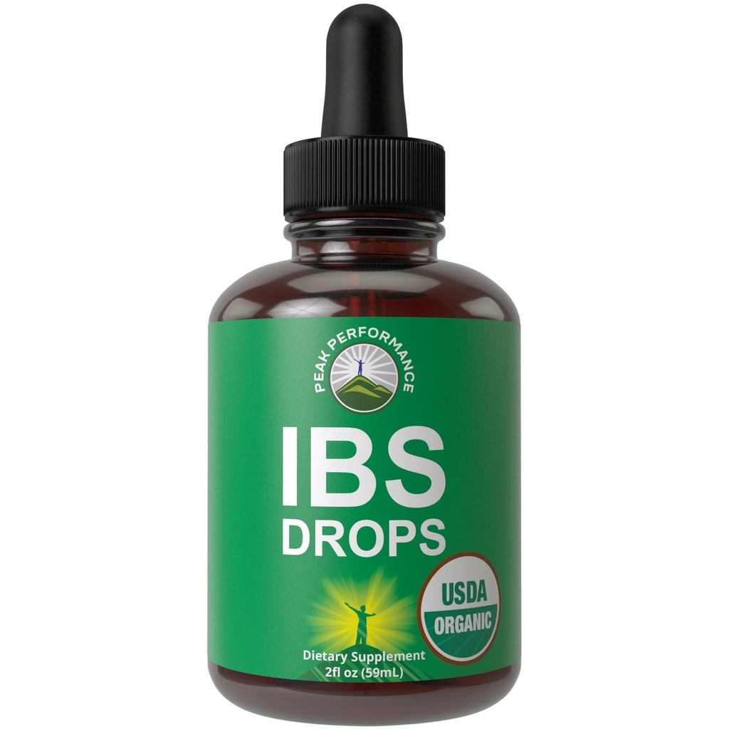 USDA Organic IBS Relief 5-in-1 Liquid Drops. per Ingestione, Bloating, Gas. Irritable Bowel Supplement con 5 ingredienti biologici. Olio di menta piperita, Semi di finocchio, Fiore di camomilla, Rosmarino, Basilio santo