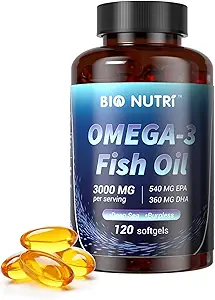 BIO NUTRI Fish Oil Omega 3 Integratori - 3000mg Fish Oil con EPA DHA - Omega 3 Fatty Acid Support - 120 Softgels
