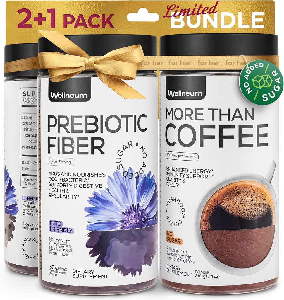 Mushroom Coffee e High Prebiotic Fiber Gummies Bundle - 9 Mushroom Adaptogen Mix, Fibra alimentare 7G, Probiotico - Caffè Mushroom istantaneo e Fiber Chews per l'immunità, Salute Gut - per gli uomini e le donne