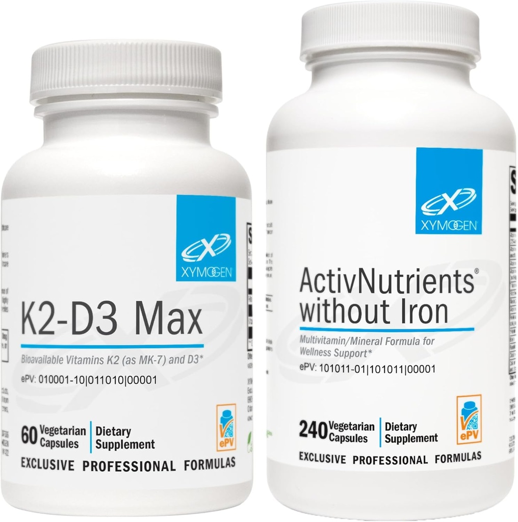 XYMOGEN ActivNutrients Without Iron (240 capsule) + K2-D3 Max (60 capsule) - Multivitaminico per l'energia e il supporto al mood con vitamina D 5000 capsule IU + vitamina K2