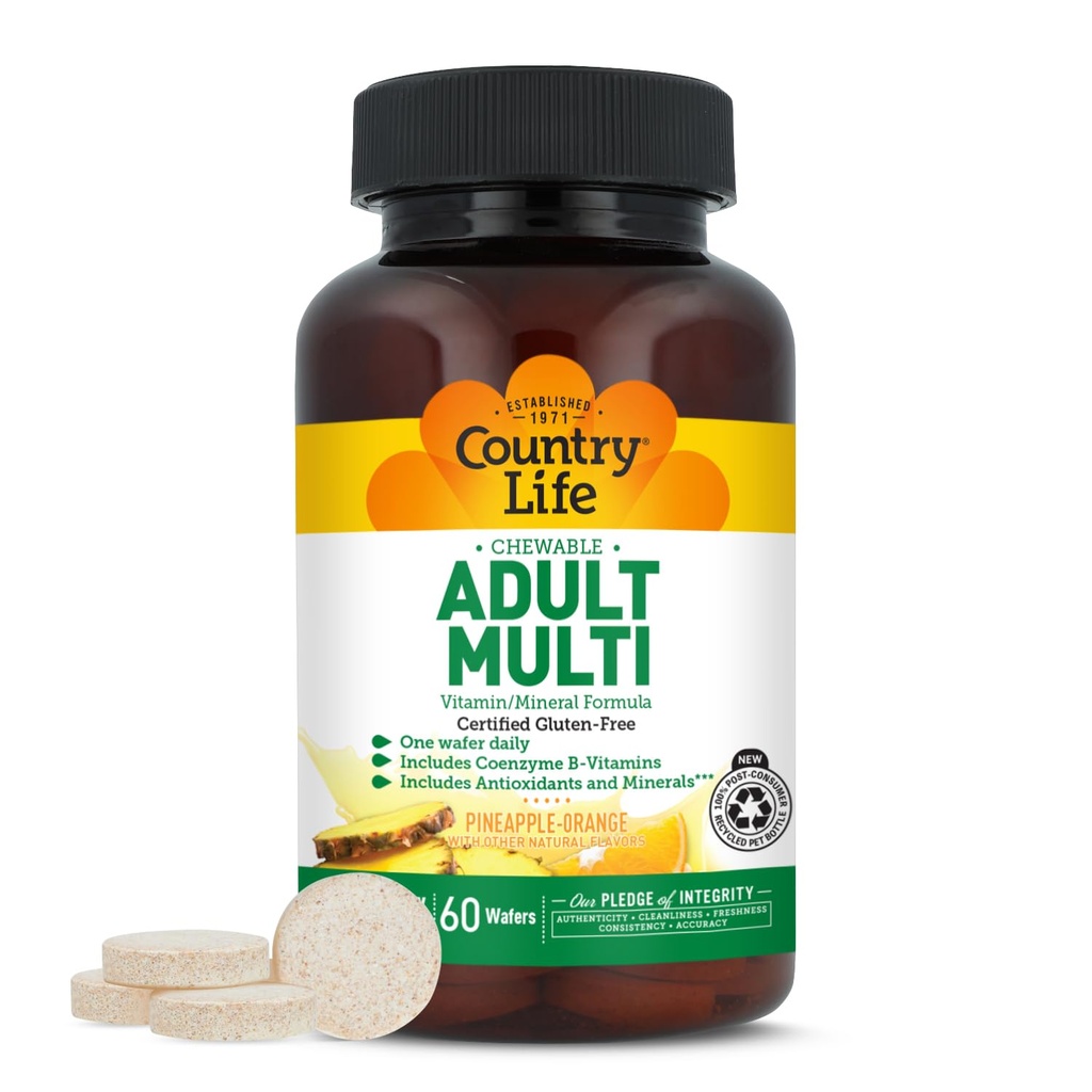 Country Life Adult Chewable Multivitamin mit Coenzym B-Vitamins, Antioxidantien, Mineralien, Ananas-Orange Flavor - Unterstützt Energiemetabolismus und Immungesundheit, Glutenfrei - 60 Wafer